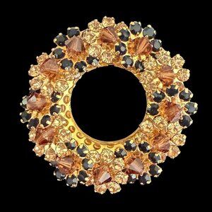 Vintage 1950s Circle Brooch Smoky Brown Jet Rhinestones Goldtone Mid Century Pin